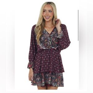 Umgee Wine Multiprint Surplice Long Sleeve Tiered Short Dress NEW Size Small